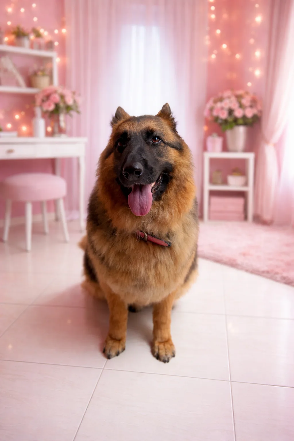 German Shepherd in the Hero Paws pink photo corner — fairy lights, pink roses, white open shelving and tiled floor