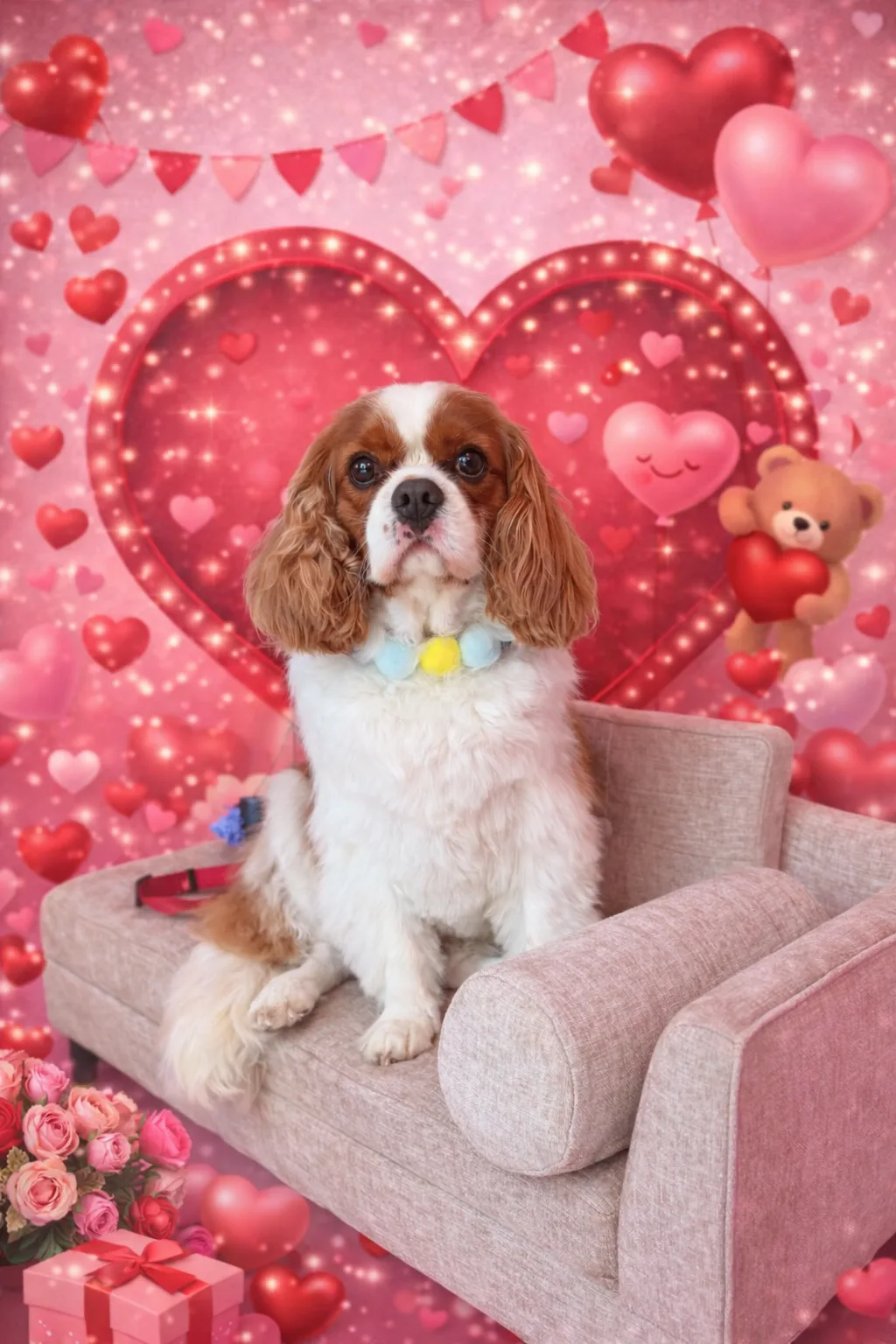 Cavalier King Charles Spaniel resting on a pink armchair in a Valentine-themed studio set