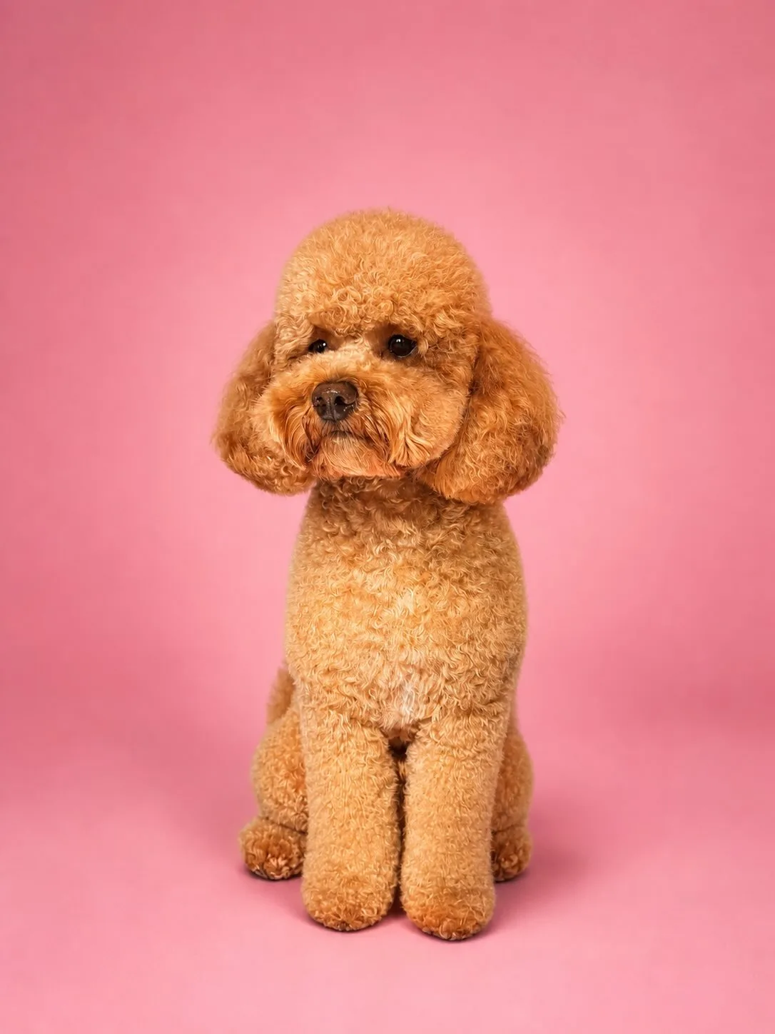 Freshly groomed apricot toy poodle on soft pink studio backdrop