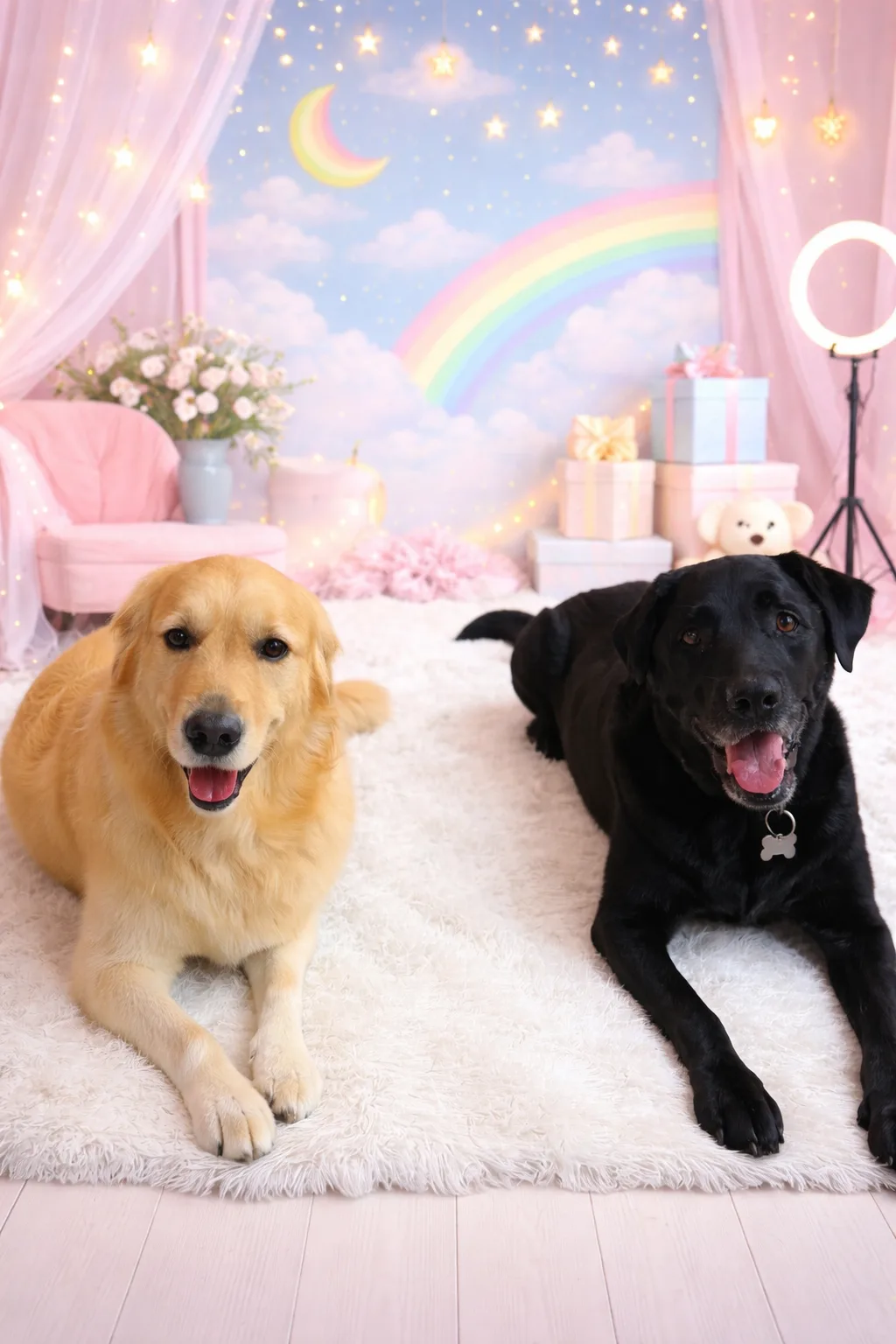 Golden retriever and black Labrador on a white rug in a pastel rainbow-sky studio set