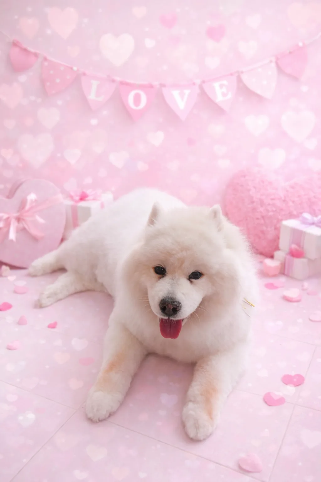 White Pomeranian reclining on a pink LOVE Valentine studio backdrop