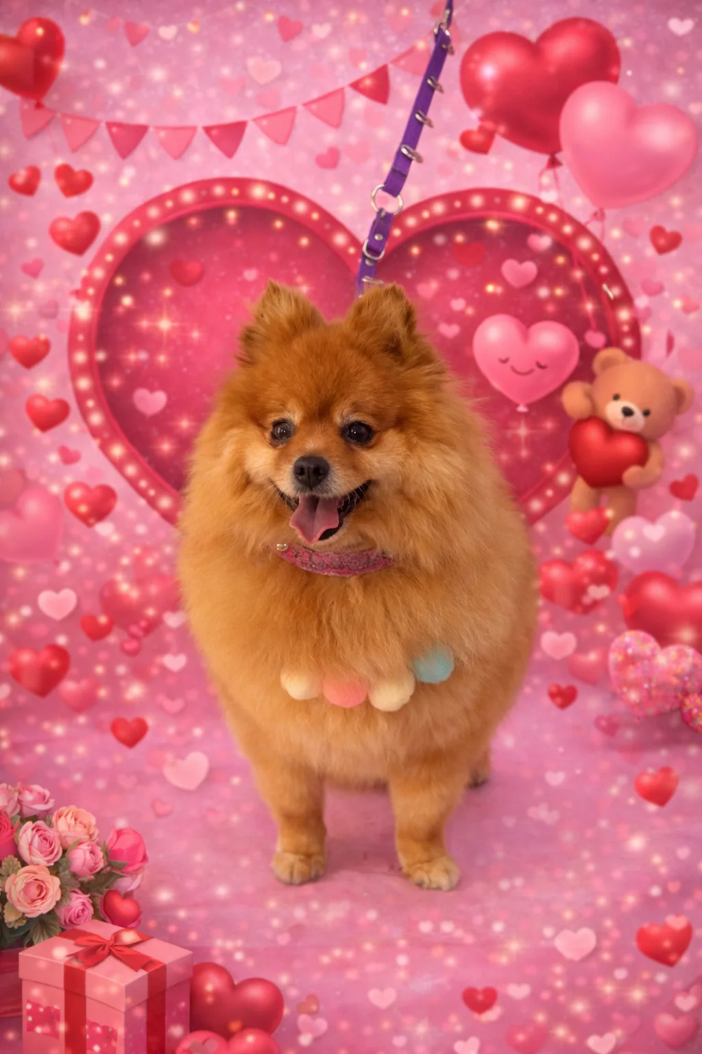 Red Pomeranian standing on a pink Valentine hearts studio backdrop