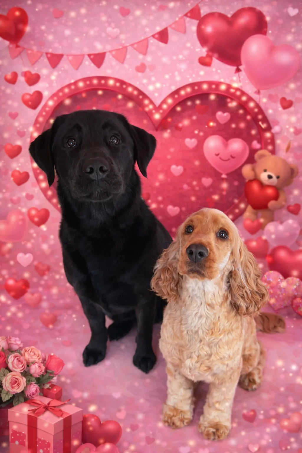 Black Labrador and cream Cocker Spaniel on a pink Valentine hearts studio backdrop